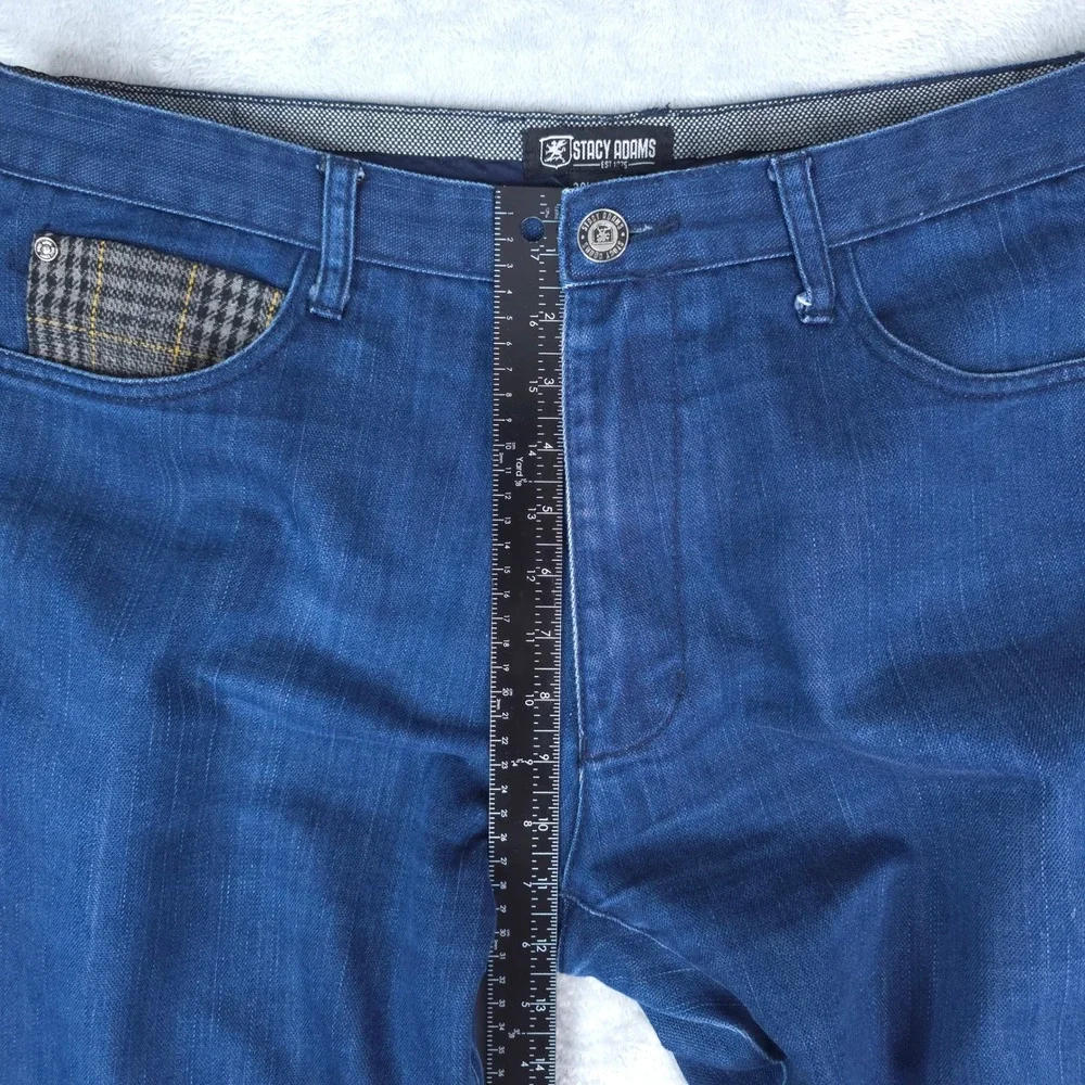 Stacy Adams Jeans Mens 38x34 Blue Denim Plaid Pocket Accents Cotton Casual